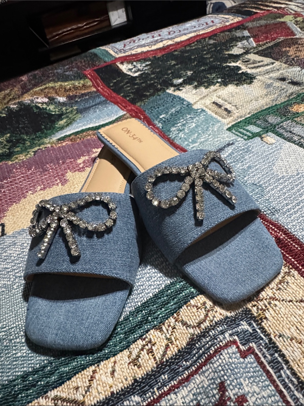 ON-34TH Denim Slide Mules with Crystal Bow - Blue